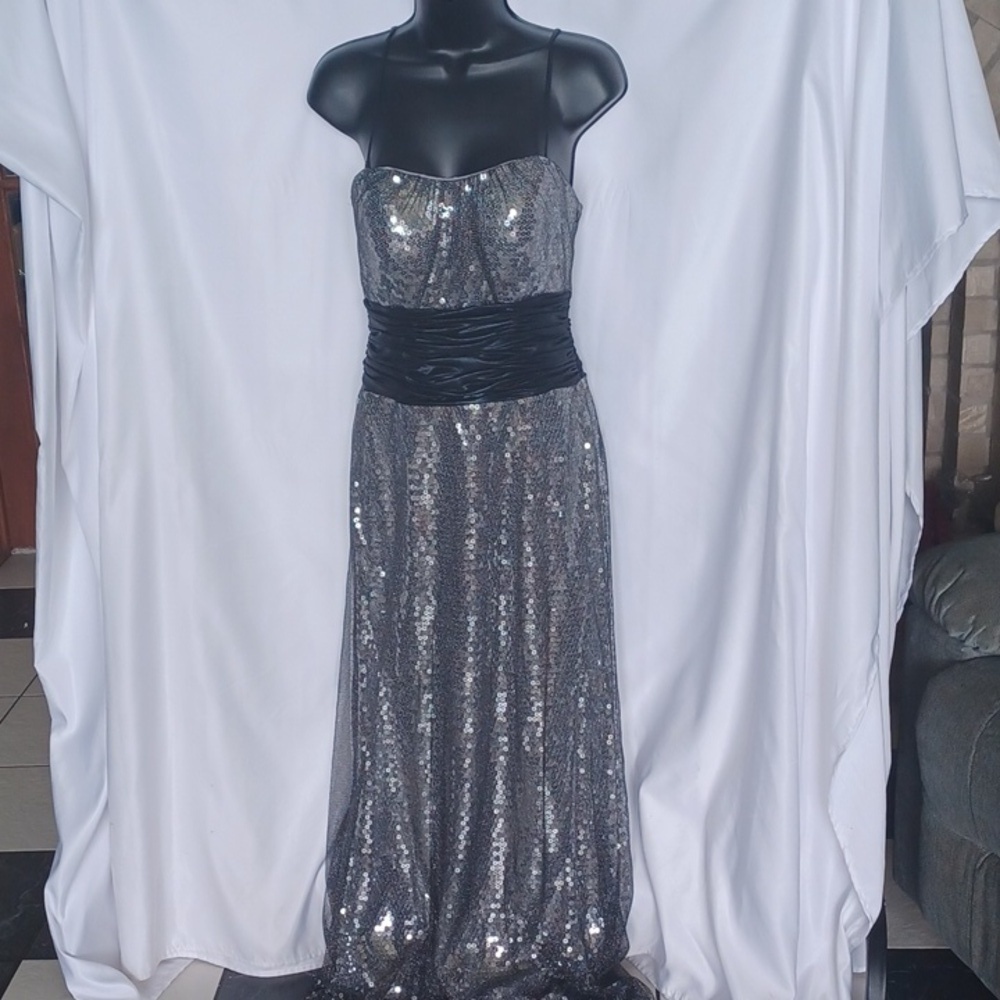 Flirt Formal, silver sequin, black waist, 17" pit to pit, 13" Waist, 64" long